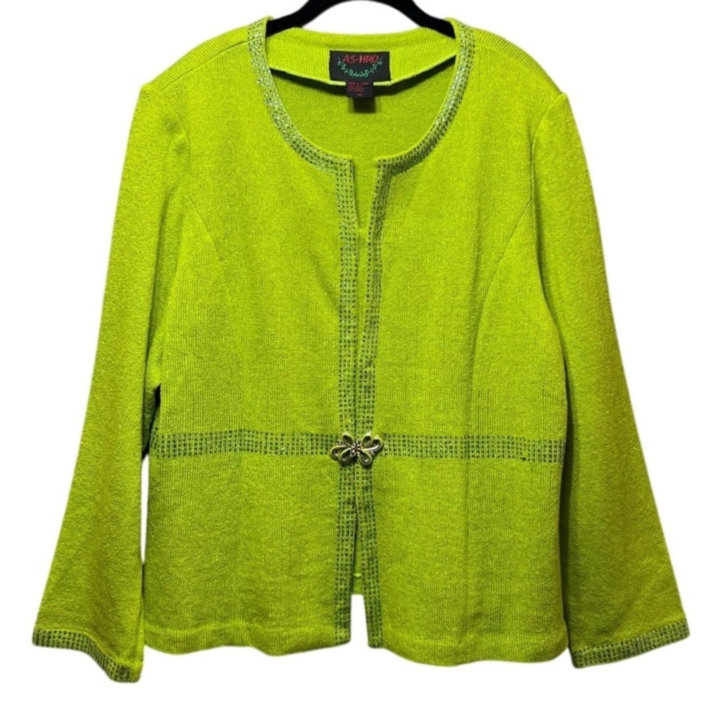Vintage ASHRO Embellished Cardigan 22 Sweater‎ Wool Blend Green Rhinestones